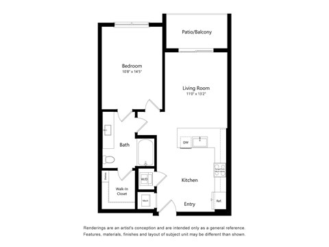 A floor plan of a home with a bedroom, bathroom, living room, kitchen, and entry.